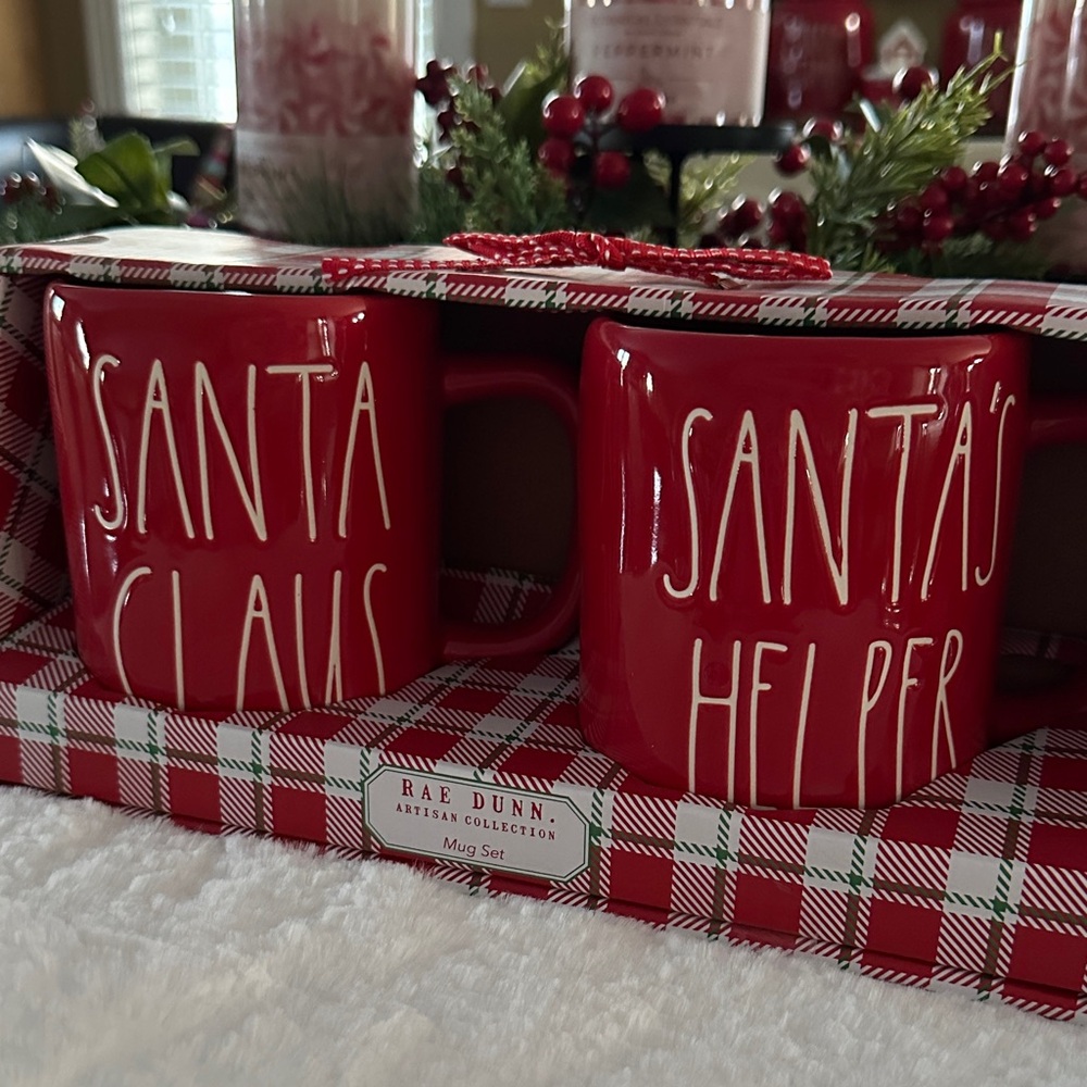 Rae Dunn Red Santa Claus and Helper Mug Duo